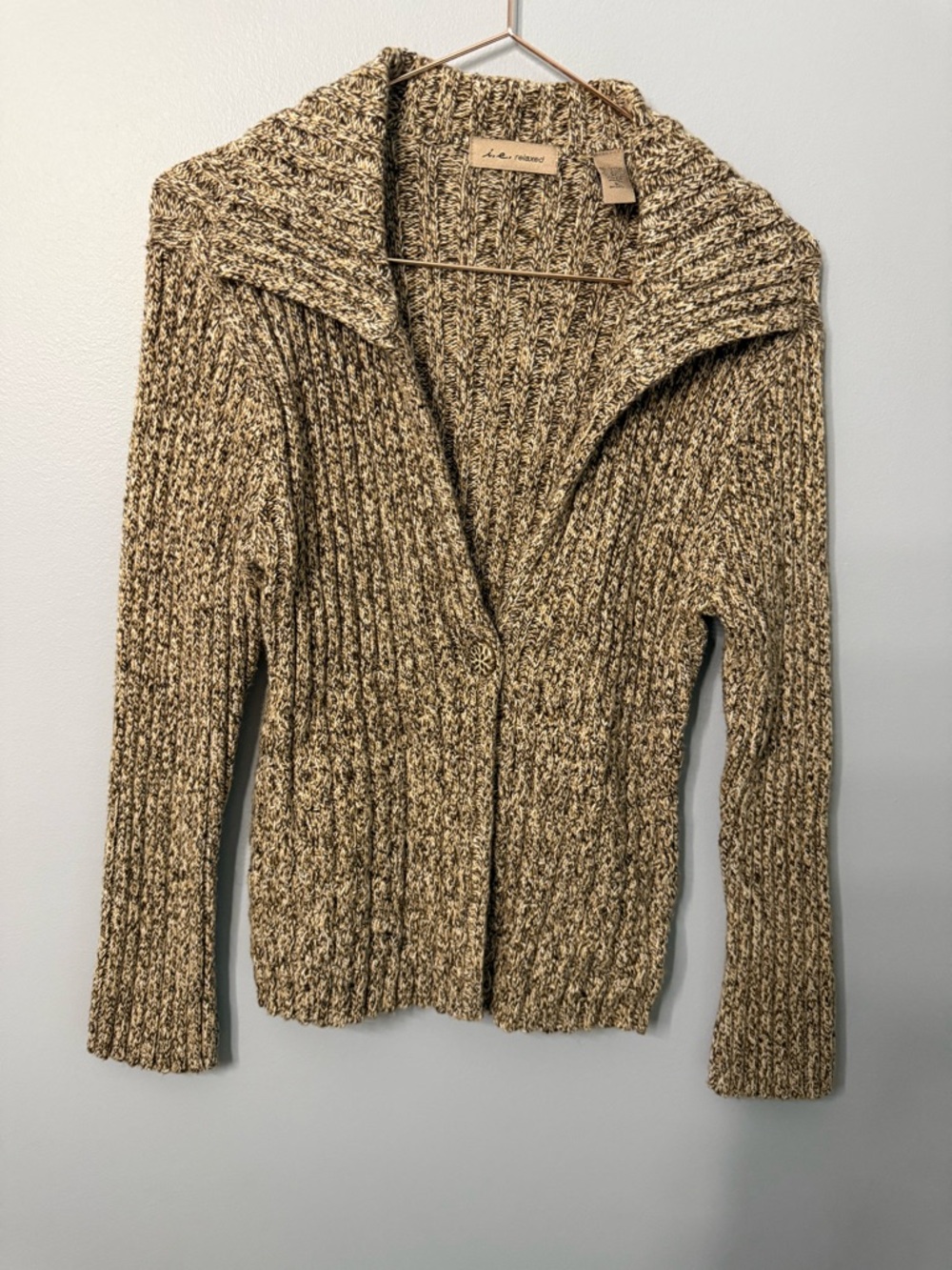 I. E. Relaxed Collar Cardigan Sweater in Tan and Cream